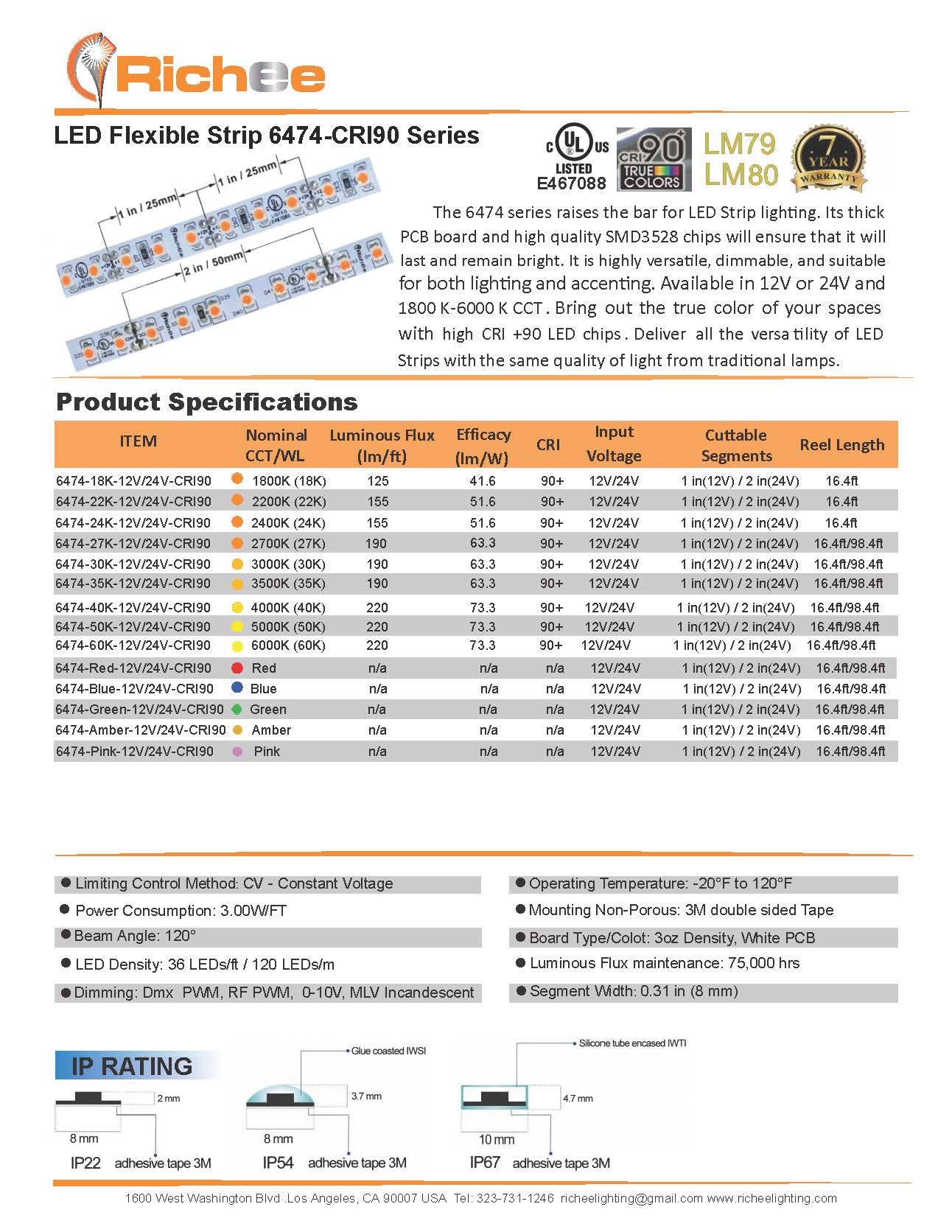 LED Strips 3W/ft 12V/24V - CRI90 - 6474 Indoor