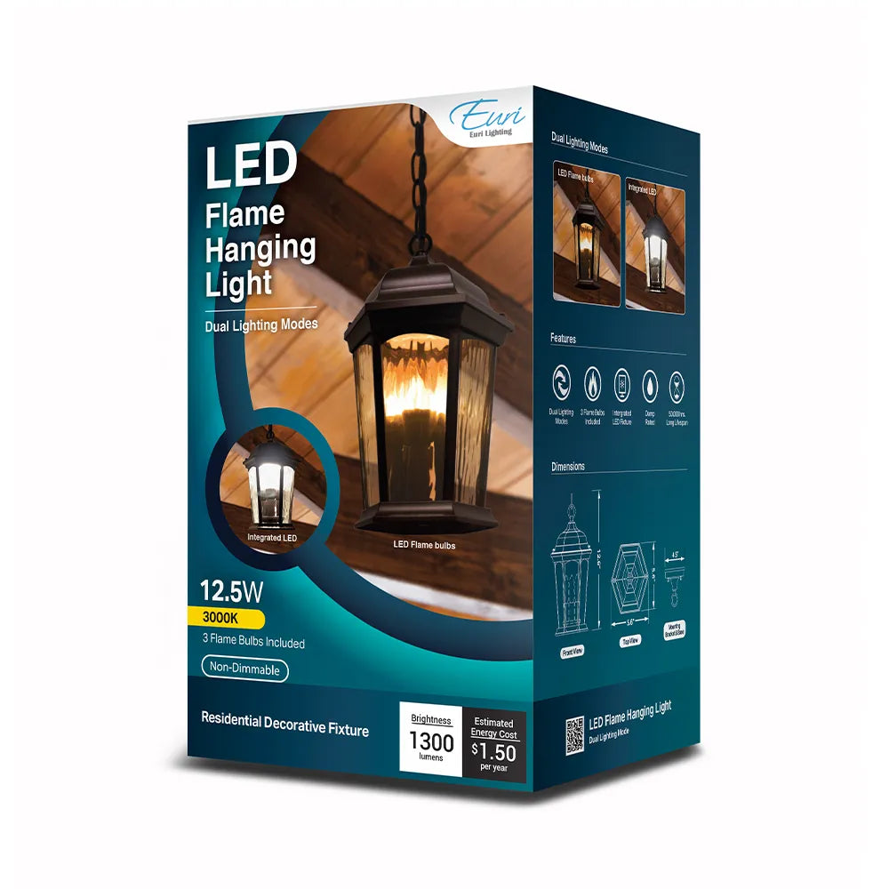 LED Flickering Flame Hanging Lantern w/Dual Security Light (Bronze)  -  EHL-130W-MD