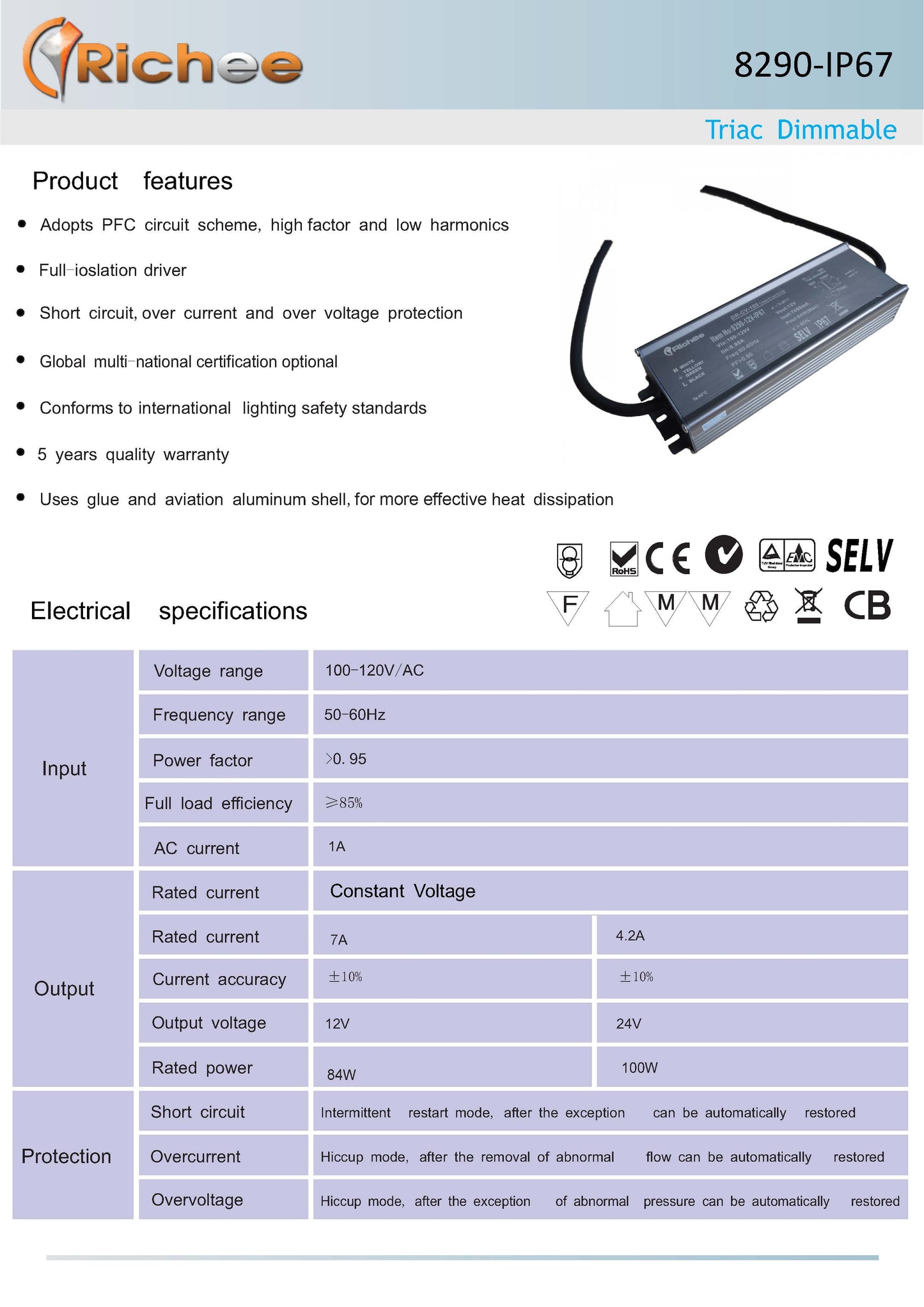 Waterproof Triac Dimmable Power Supply 12VDC 84W