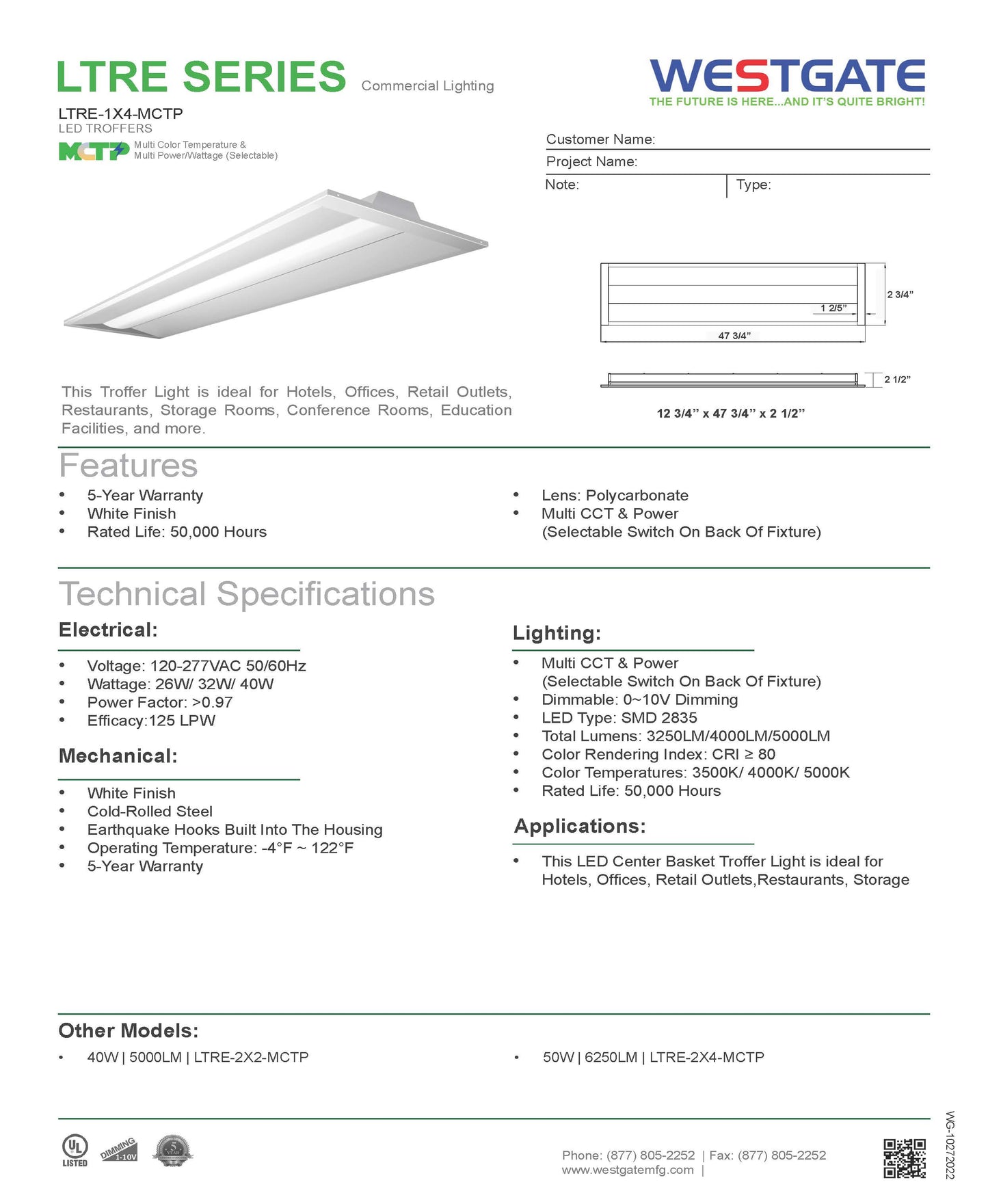 LED Center-Basket MCTP Troffer Lights, 26W, 32W, 40W, 3500K, 4000K, 5000K