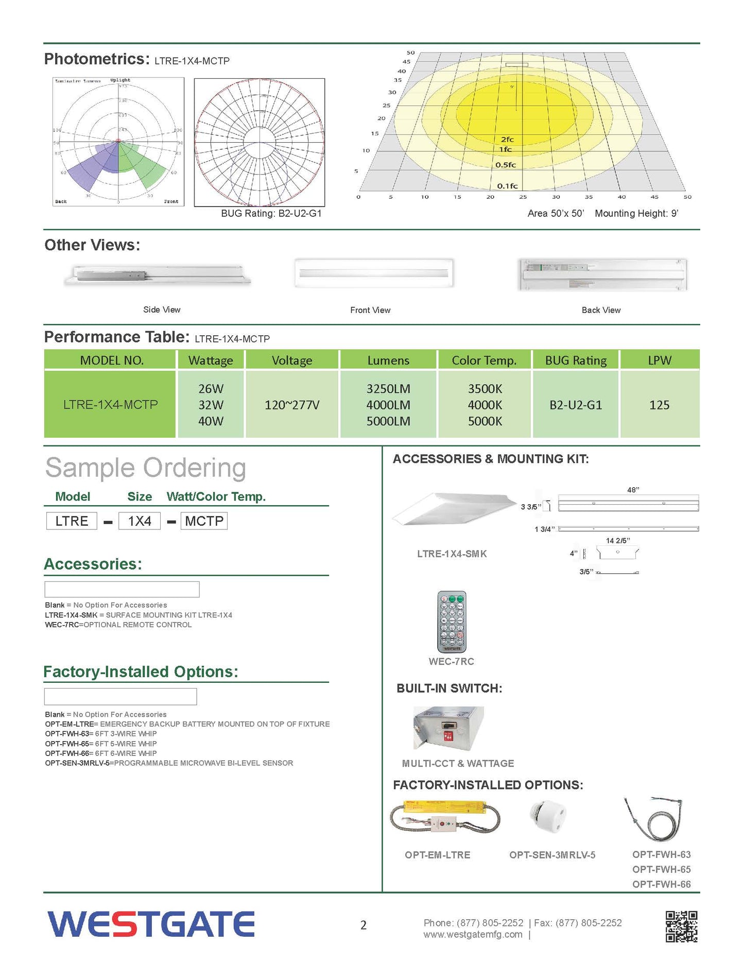 LED Center-Basket MCTP Troffer Lights, 26W, 32W, 40W, 3500K, 4000K, 5000K