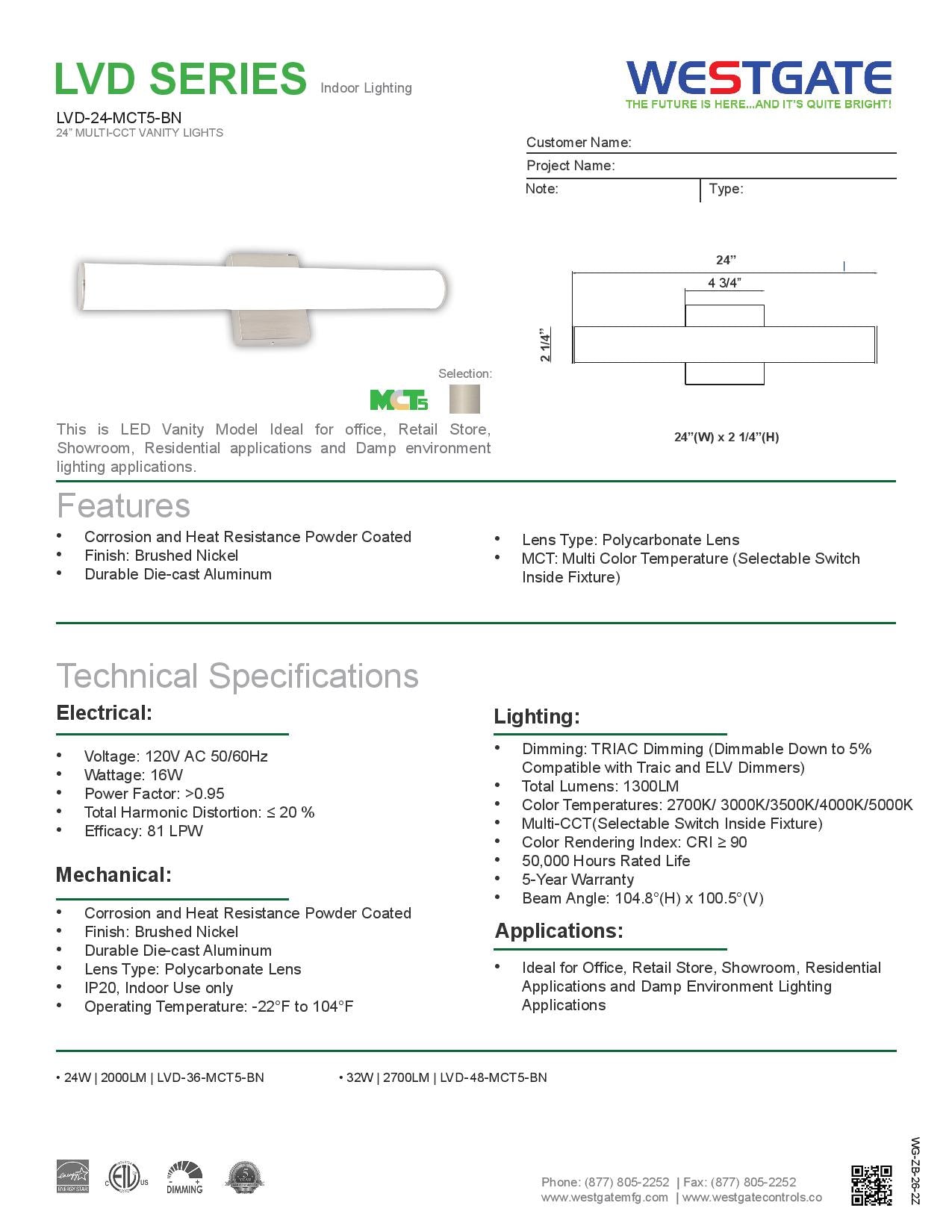 LVD Architectural LED Multi-CCT Vanity Light with Tube PC Lens - WESTGATE