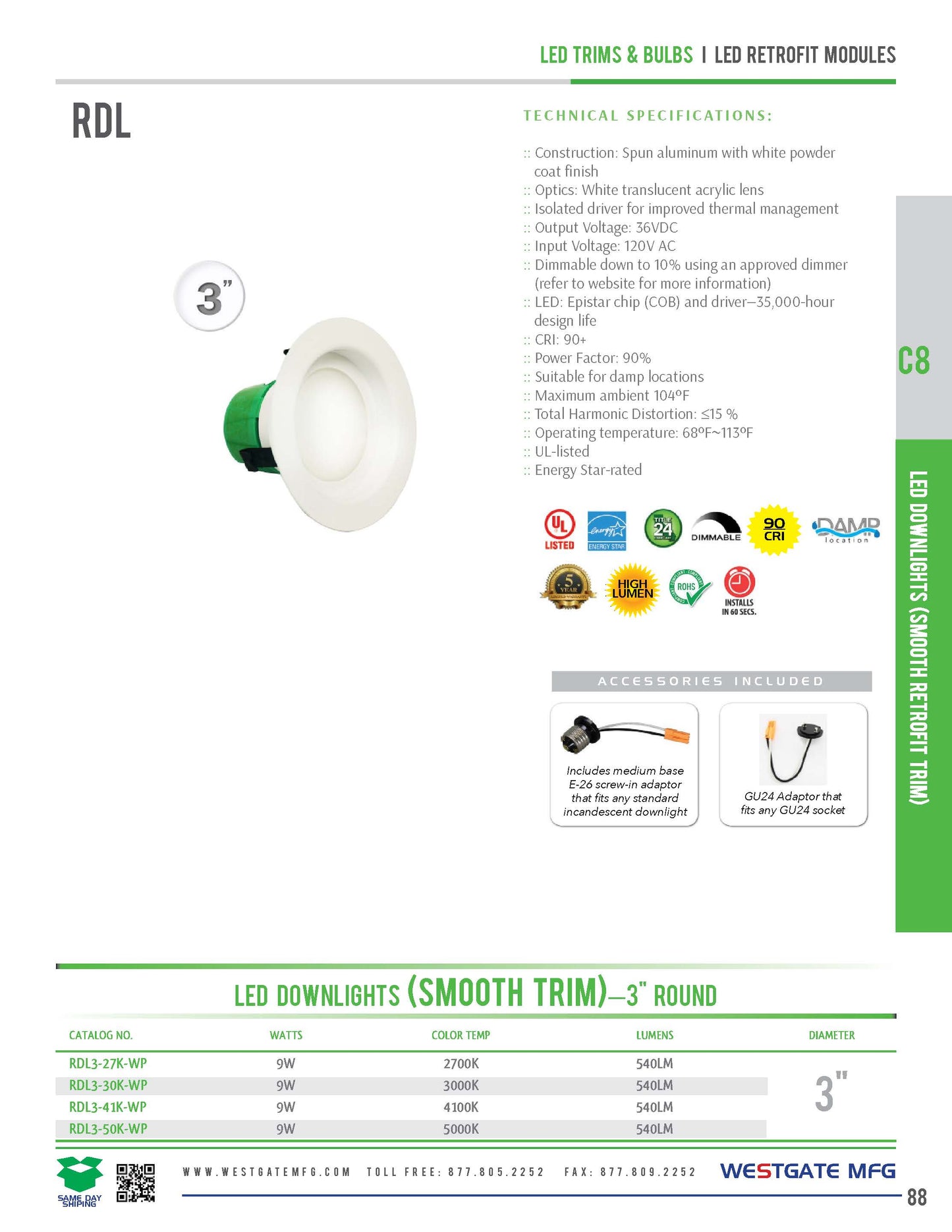 LED Recessed Light with Smooth Trim 3" Round