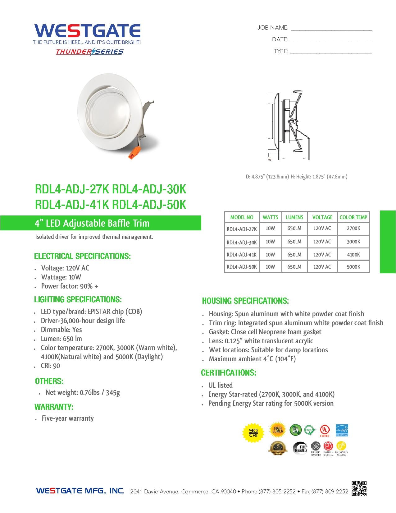 4" LED Round Adjustable Downlights 2700K