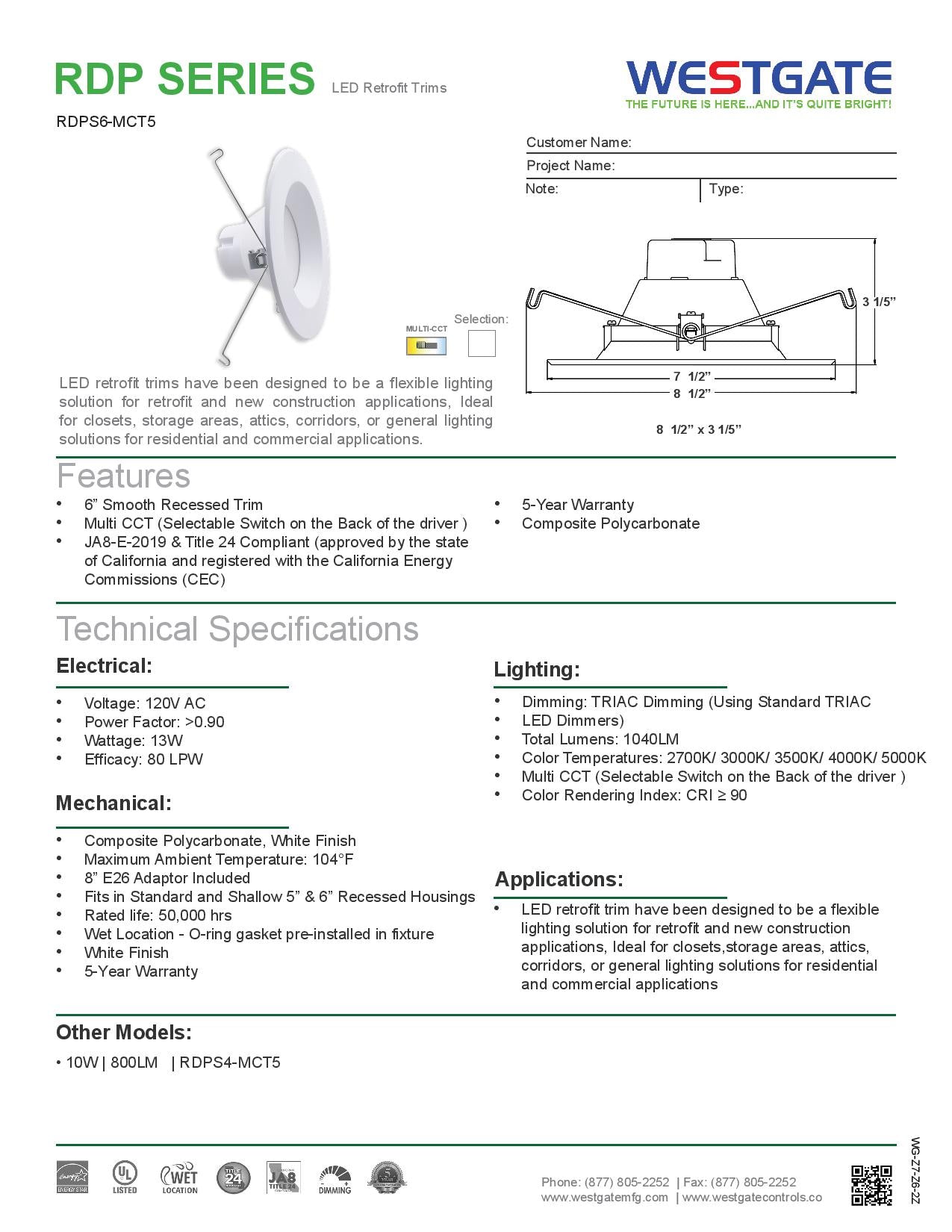 6" LED MCT Recessed Light Trims  - RDPS6-MCT5