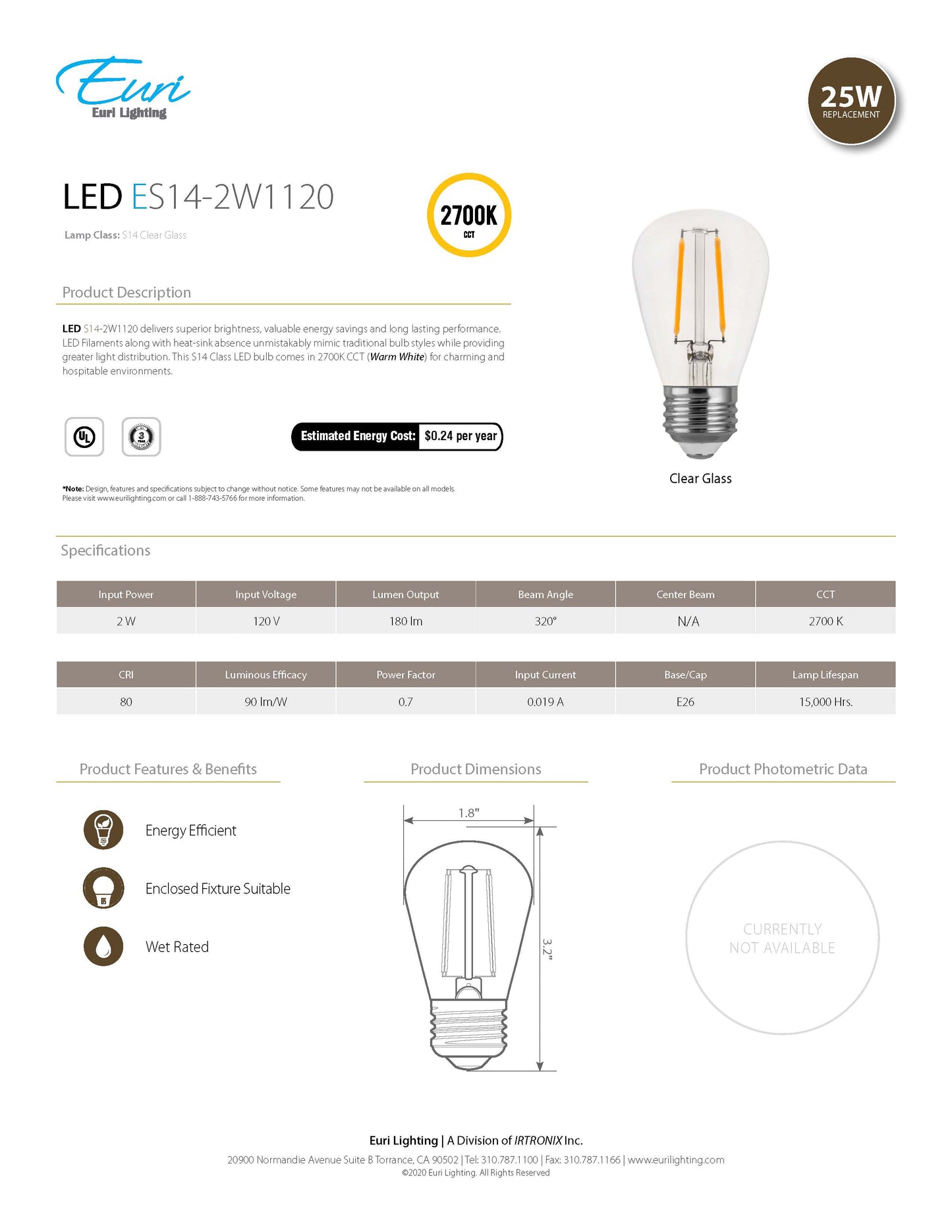 LED Filament Bulb - ES14-2W1120