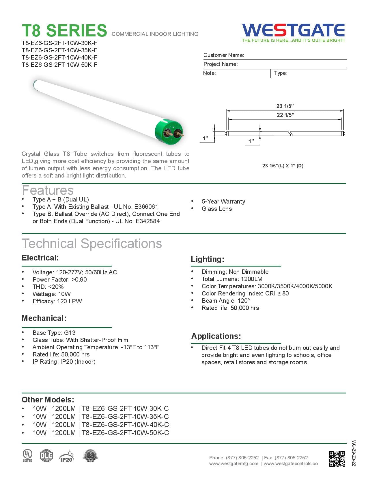 LED T8-EZ6 Glass Tube Lamps 2FT