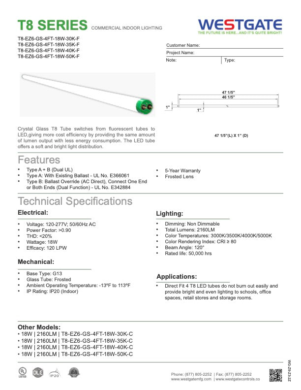 LED T8-EZ5 Glass Tube Lamps, 18W, 5000K