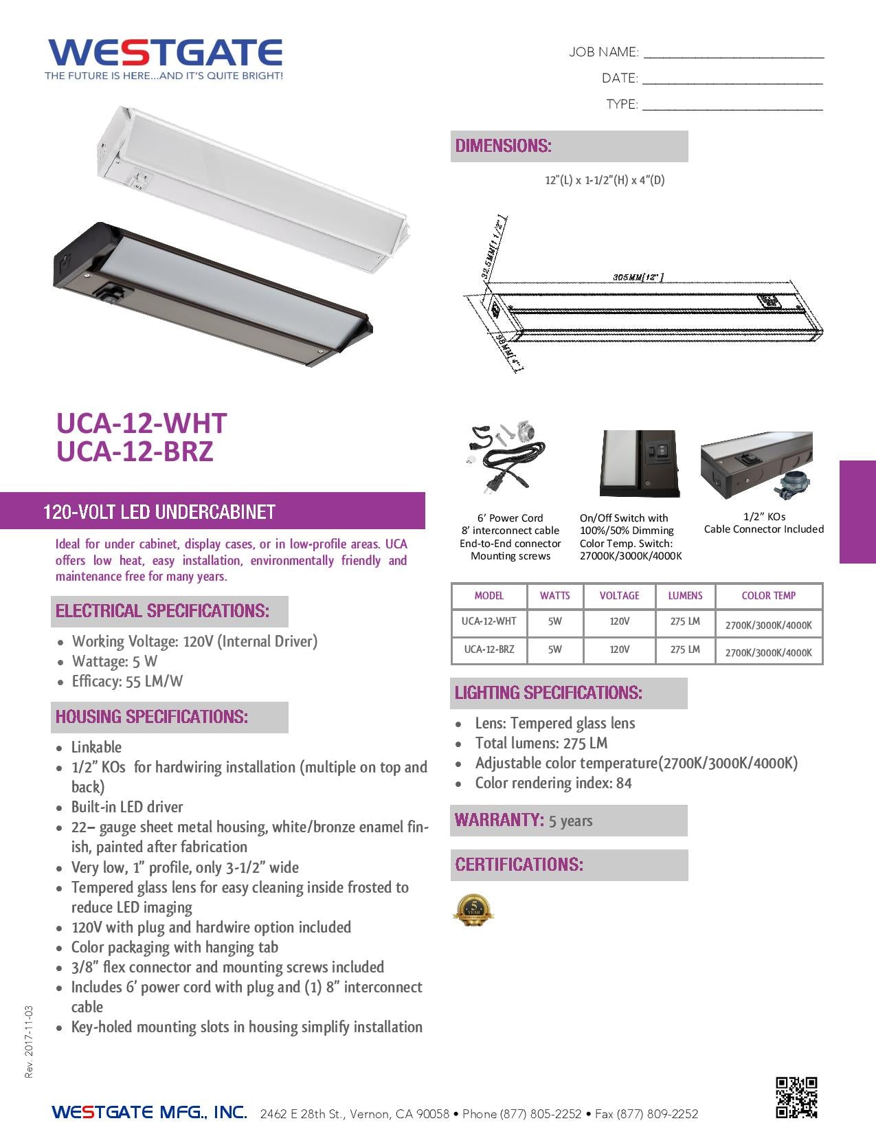 Adjustable Angle Multicolor Temp Undercabinet Lights - 120V UCA - Westgate